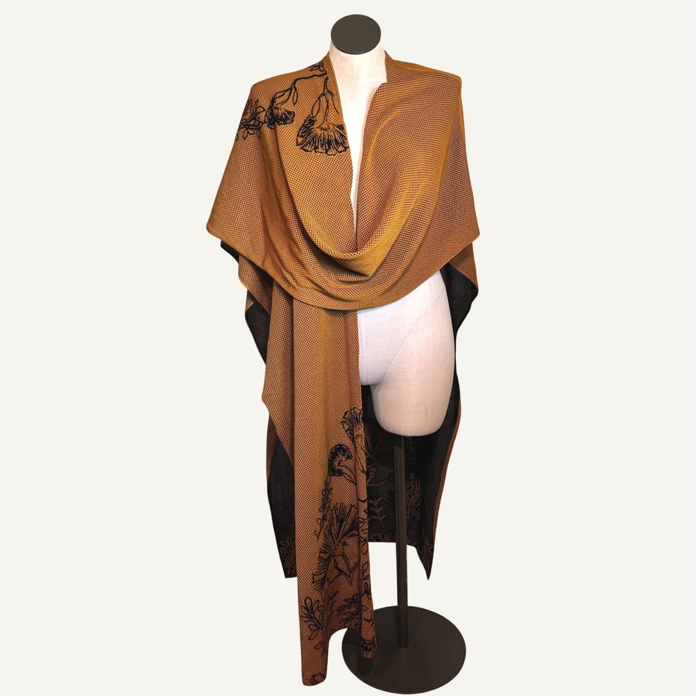 Pepa Pombo Reversible Cape OS Mustard Black Floral Waffle Knit Poncho Bold Boho